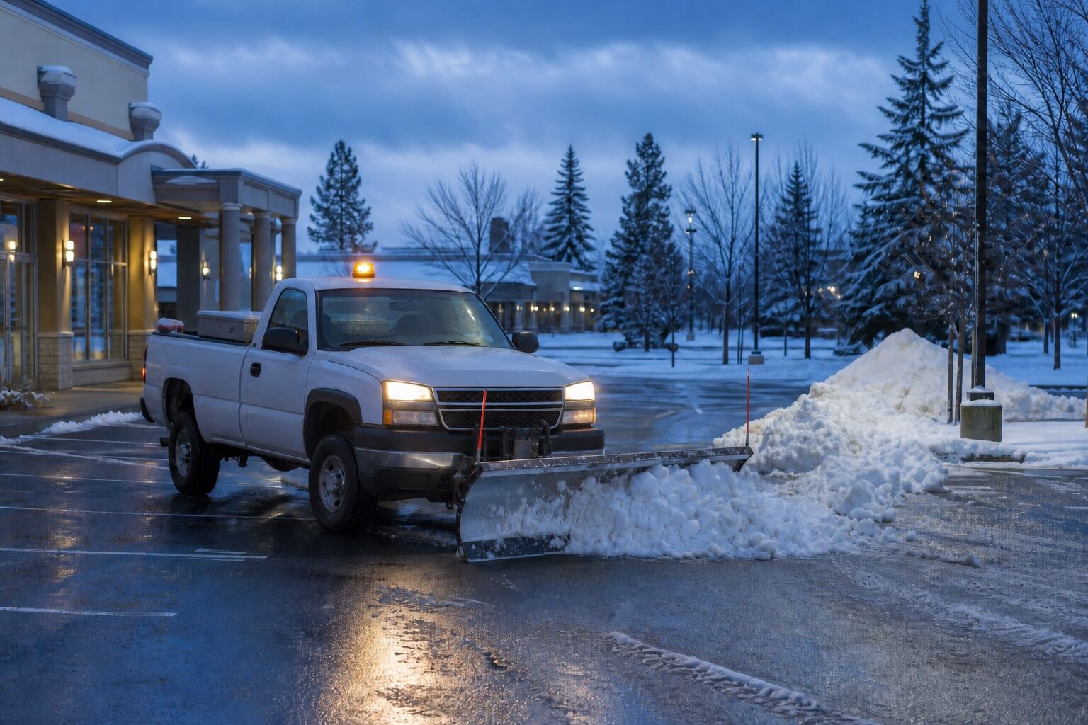 Snowplow clearing a commercial parking lot in Spokane before opening