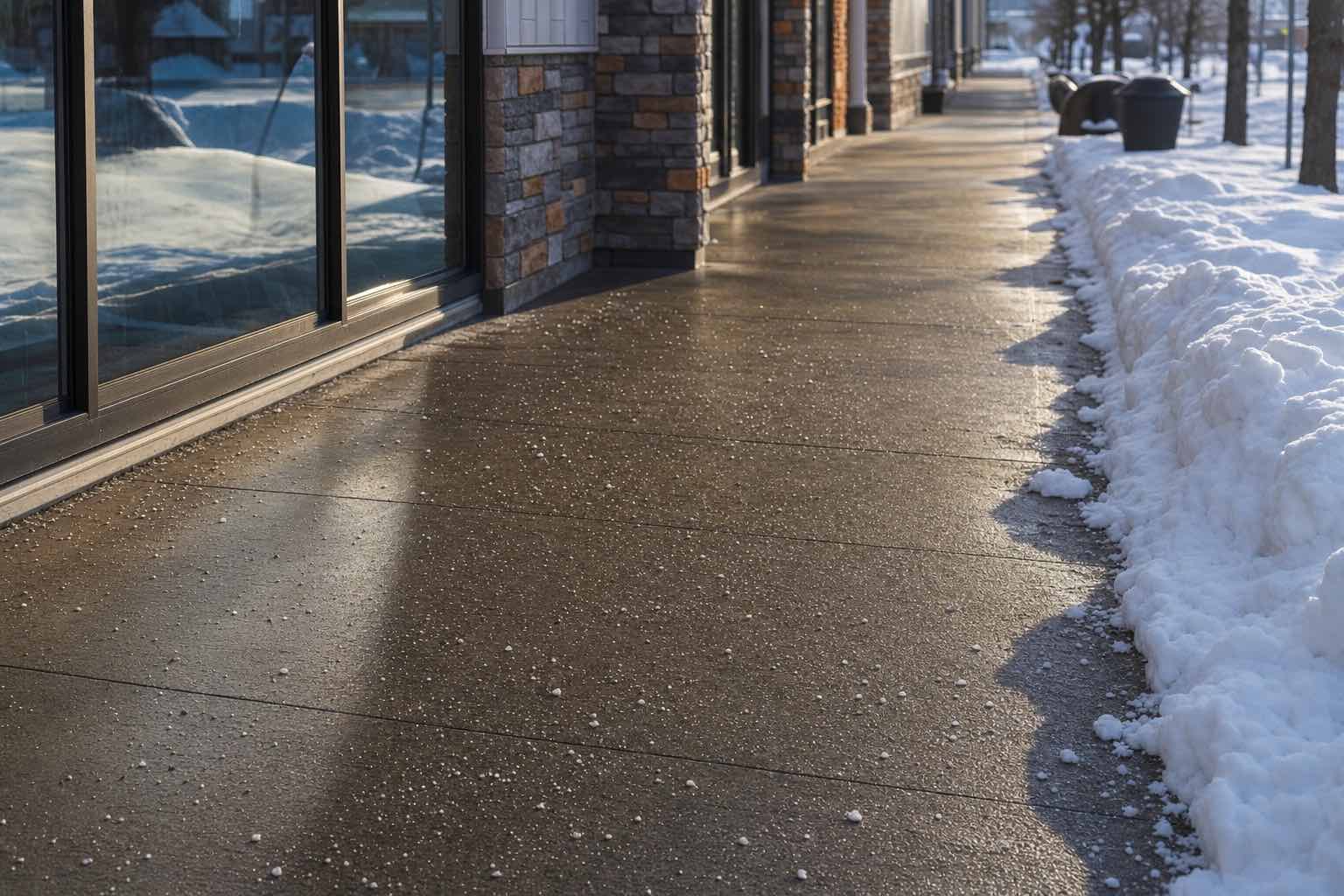 Commercial parking lot cleared of snow with striping visible