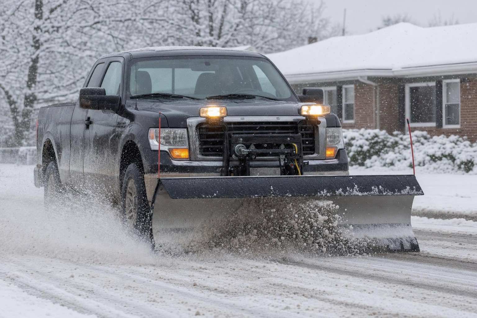 Pickup truck with plow attachment clearing a residential driveway