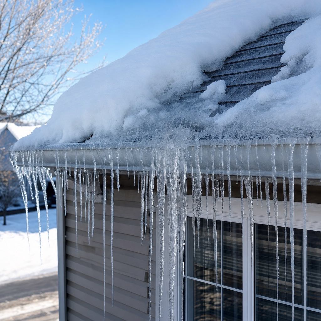 Roof rake being used from the ground to clear heavy snow load from a roofline