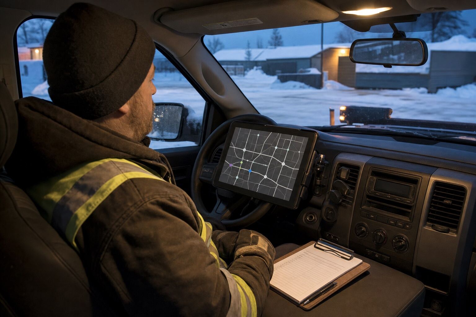 Snowplow operator reviewing an abstract route plan in a parked work truck